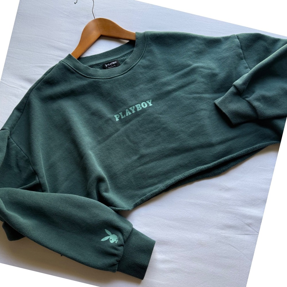 Playboy by PacSun Forest Green Cropped Sweatshirt Bunny Logo Fleece Medium